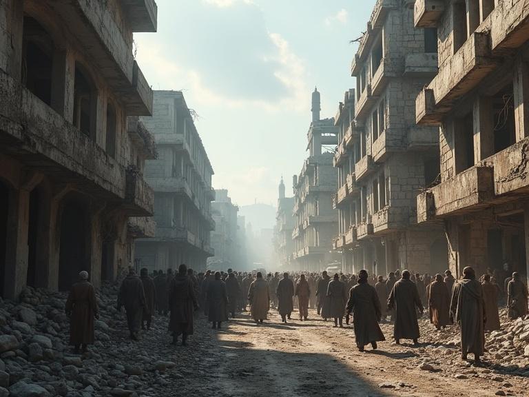 A street scene in 3025 showing survivors in a war-damaged city. Buildings are in ruins with remnants of battle. A crowd walks along the street, depicting weariness and survival.