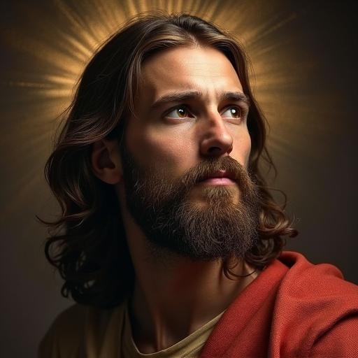 A realistic picture of the face of Jesus Christ with a glowing halo around the head. The expression is calm and reflective with long hair and a beard.