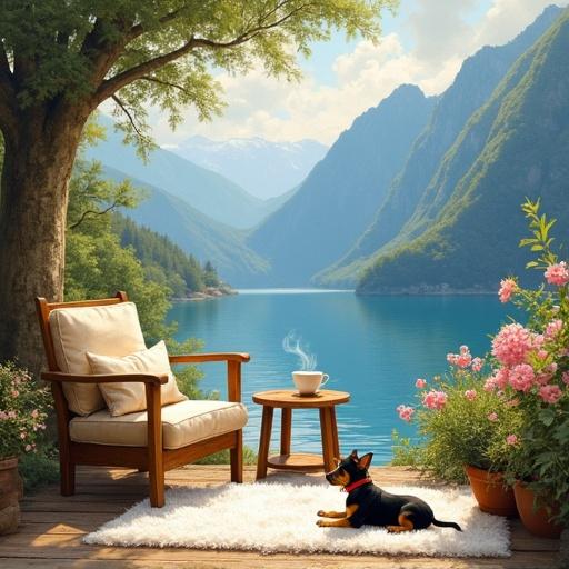 Cozy lakeside terrace surrounded by greenery and flowers. Comfortable armchair with wooden frame and beige cushion. Round wooden table with steaming coffee cup. Tiny black and tan puppy lying on white rug. Blue mountains and serene lake in the background. Soft golden morning light. Painterly oil painting style. Warm colors. Calm mood. Detailed composition. Textured brushstrokes. Harmonious scene layout.
