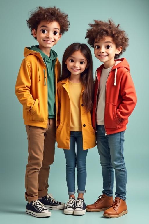 Picture of three children standing together in a playful style. A nerd fit boy and girl and a cute fit boy. All wear colorful jackets.