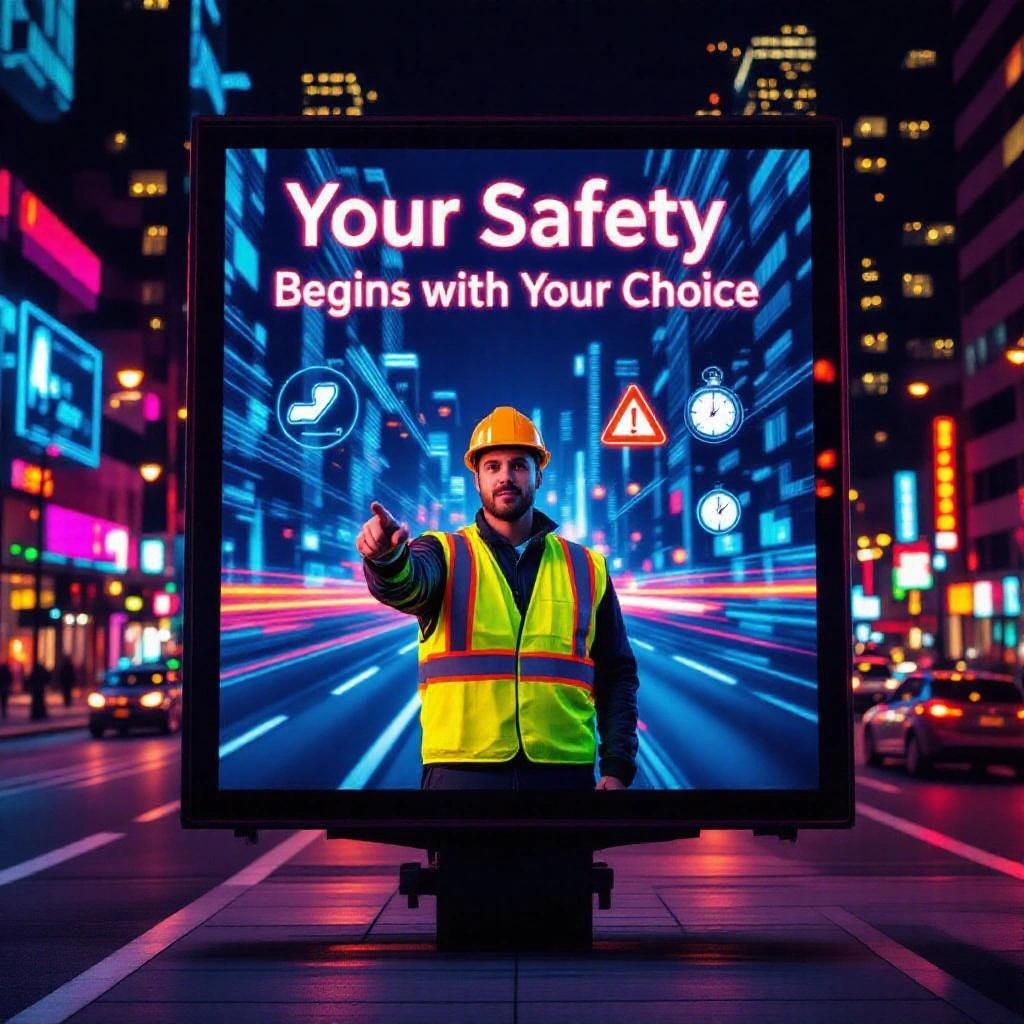 A vibrant illuminated billboard at night. Surrounded by colorful lights reflecting off the streets. A man in a reflective safety vest and hard hat points with determination. A glowing road stretches into the horizon. Icons of a seatbelt, warning triangle, speedometer, and stopwatch hover above. Bold calligraphy reads Your Safety Begins with Your Choice. Additional text below promotes defensive driving. Strong contrasts of yellow and deep blue evoke authority and trust.
