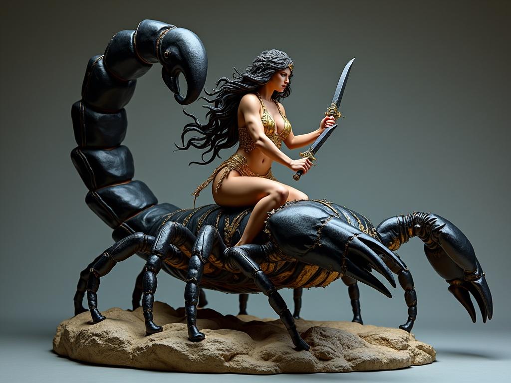 A resin sculpture depicts a majestic goddess riding a giant scorpion. The goddess holds daggers and wears golden armor. The scorpion is black with its legs on a rock. The composition represents strength and beauty in a cinematic style.