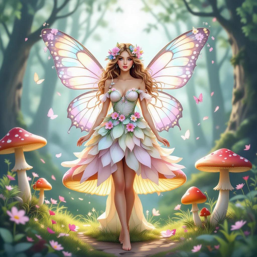 A fairy with intricate butterfly wings that feature pastel colored flowers and a flowing dress made of petals stands on a glowing mushroom. The scene is set in a magical forest filled with various mushrooms and butterflies. The artwork is realistic and illustrated using watercolor techniques with subdued colors.