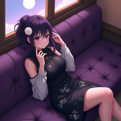 A full-body shot of an anime woman on a plush purple sofa in a retro coffee shop setting. She has long, curly dark purple hair styled in an updo with a white rose. The woman wears a black cheongsam dress with floral patterns and sheer white sleeves. One arm supports her head, and her legs are slightly bent. A full moon is visible through a window. The scene has soft, warm lighting.