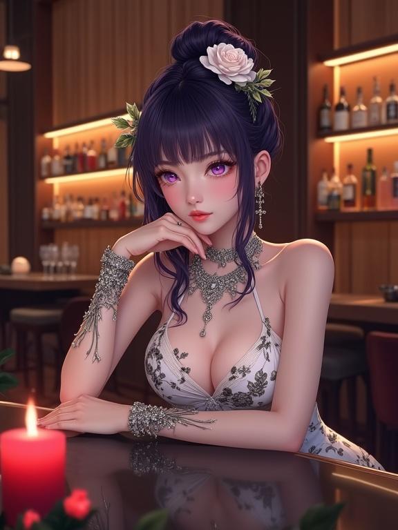 A semi-anime-style sexy woman with elegant dark violet hair styled upwards. She has captivating light violet eyes and serene, direct gaze. She wears a beautiful white cheongsam-style dress with black and gold floral patterns. The dress features a low neckline and intricate silver jewelry. She gracefully leans on a dark, reflective surface in a luxurious, dimly lit lounge with warm wooden paneling. The background has illuminated shelves with bottles and subtle red candles, creating a sophisticated and intimate atmosphere.