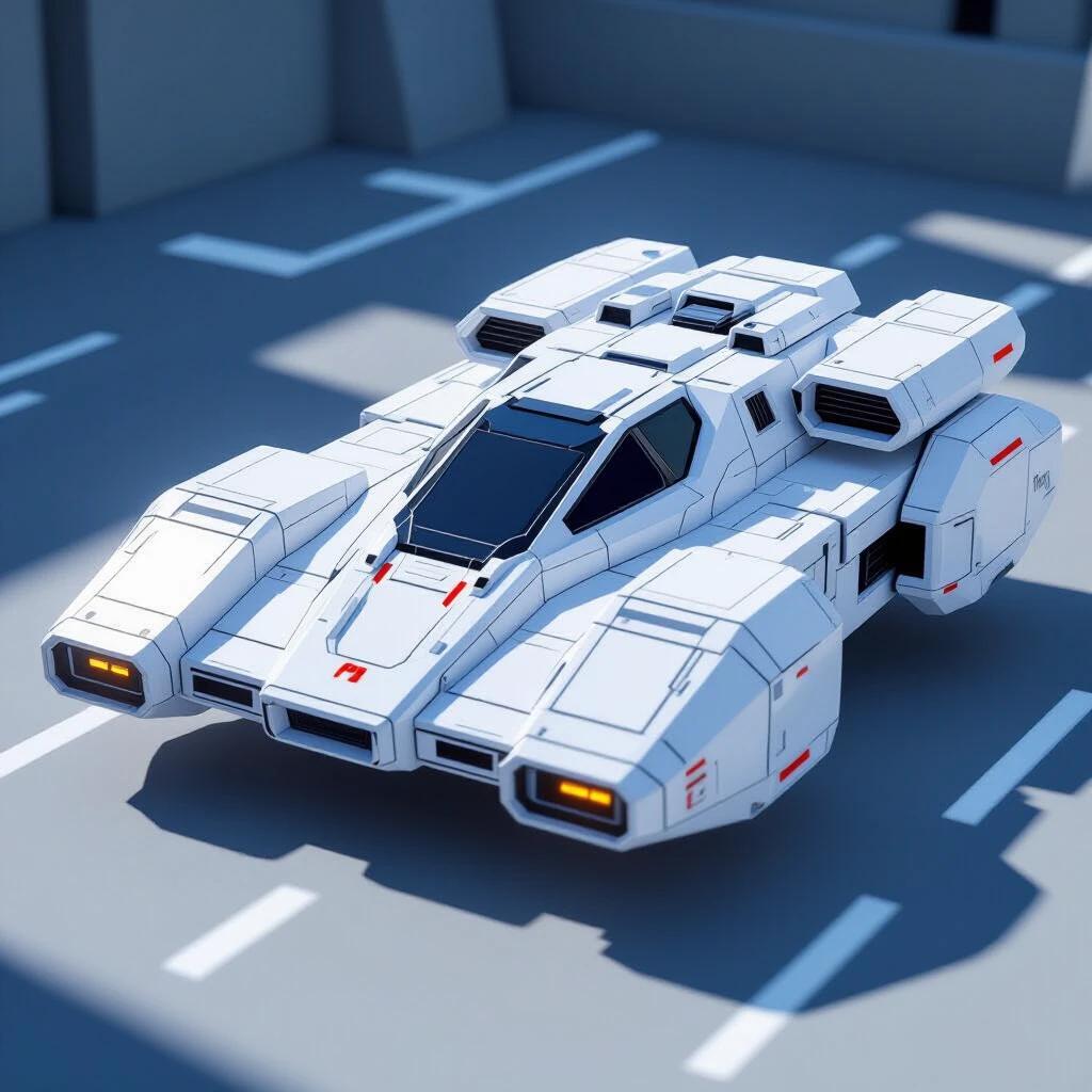 Sci-fi hover tank design with blocky structure and realistic textures. Bright white color with accents and sharp lines. Shown in a futuristic environment with shadows and details.