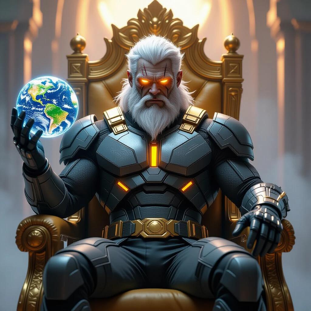 A supervillain with brutish, ape-like features has snow-white hair and cybernetic neon amber eyes. He sits on a gold throne wearing amber-toned gray armor. His expression is intelligent and menacing. He holds a holographic Earth in one hand. The background features cosmic light and mist with dramatic lighting.