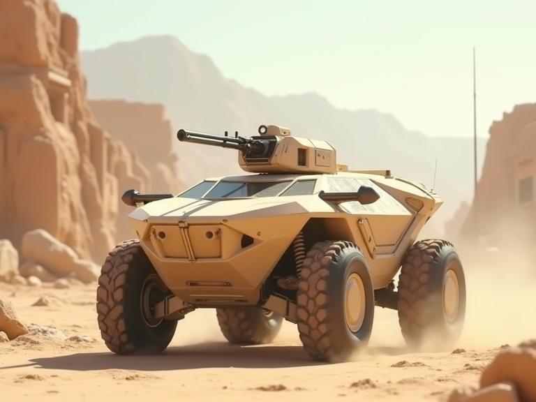 Create an image of a sleek dusty light beige sci-fi military APC vehicle with smooth polygonal bevel shapes and a top-mounted gun. Scene is set in a bright sunny desert with stone city ruins in the background, featuring radiator, dust, realism, detailed textures, and shadows. Render in 4k resolution.
