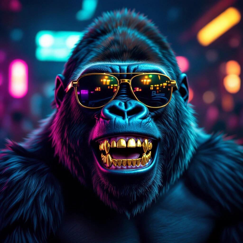 A smiling gorilla with all gold teeth. Gorilla has a Tyson face tattoo. Gorilla is wearing sunglasses. The scene is dark with neon elements.