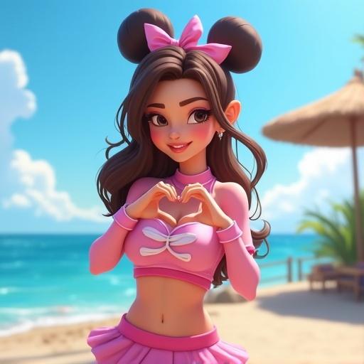 Animated character in Disney style wearing a pink cheerleader outfit making a heart shape with her hands. The background shows a bright blue ocean and a sunlit terrace setting.