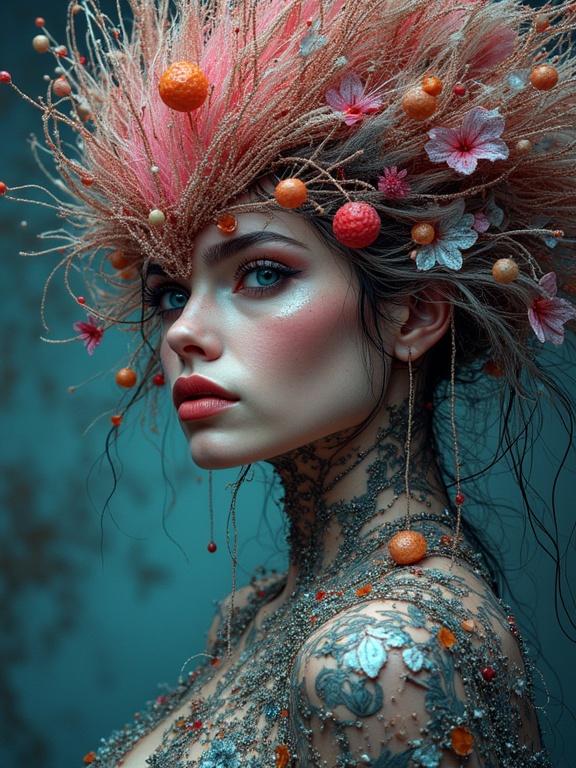 A woman with intricate floral elements and a detailed pattern on her skin. The scene has a dreamy quality with polychromatic colors and ethereal styling. The focus is on her face and expressive features, highlighted by soft lighting.