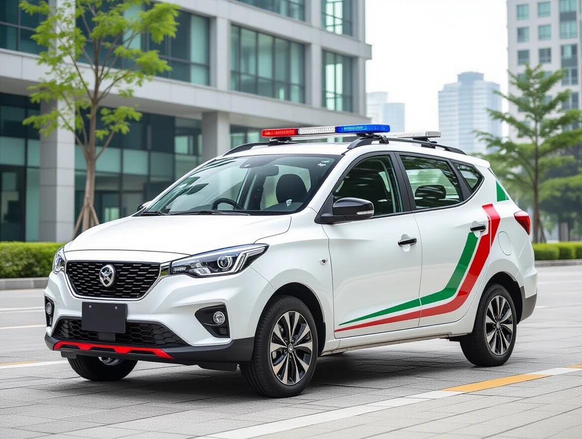 Sporty electric city car with white and black body. Features red and green accent lines. Emergency light bar on top.