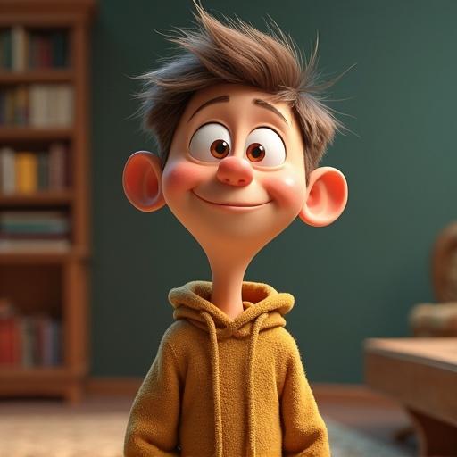 Pixar style character inspired by Ferdek Kiepski. Character wears a yellow hoodie and stands in a room with a bookshelf. The character has exaggerated features with large ears and cheerful expression. Background is simple and cozy.