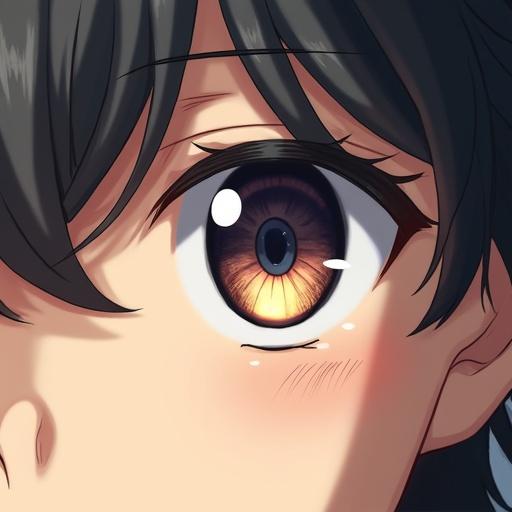 Artistic close-up of a man's eye showing reflections of his younger and older self. The younger self appears joyful while the older version looks thoughtful. Anime-style artwork highlighting details in the eye and face. Only half the face displayed.