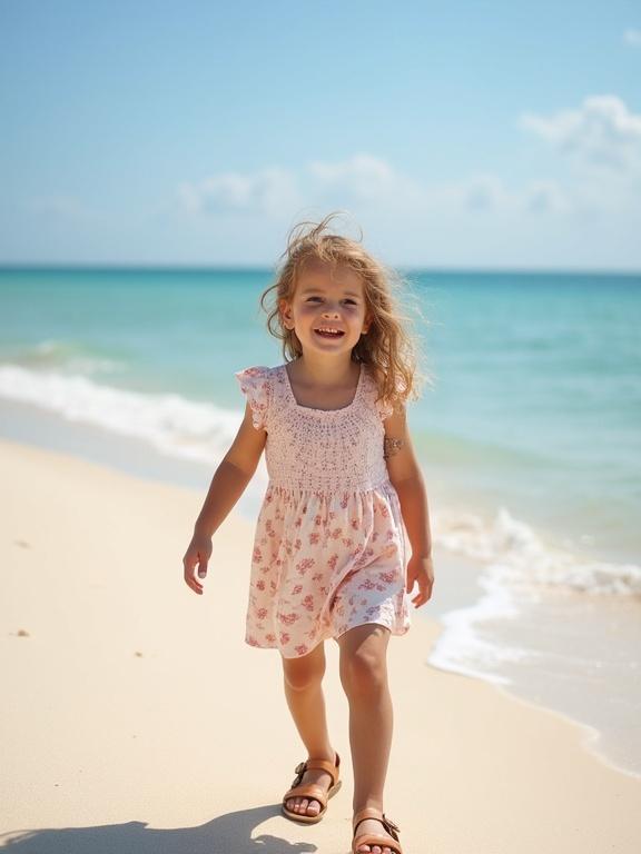 A little girl smiling walks on sandy beach wearing a short summer dress and sandals.