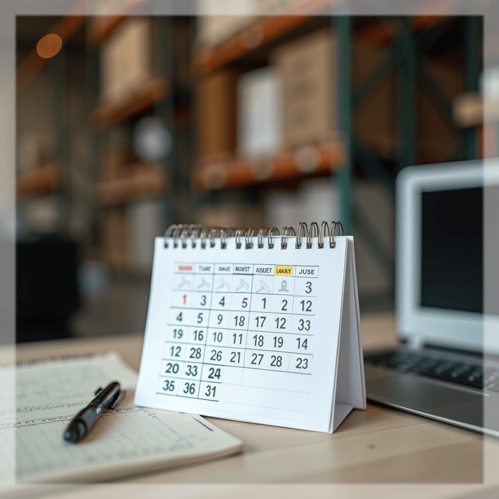 A small desk calendar stands on a table beside a laptop and notepad in a clean, organized office.