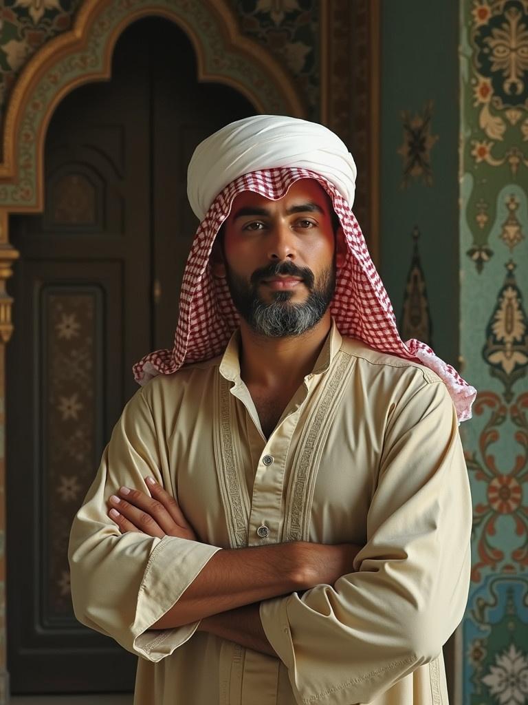 A Middle Eastern man stands confidently with crossed arms. He wears a traditional light-colored thobe and ghutrah. The architectural background features intricate patterns. The setting is cultural and historical.