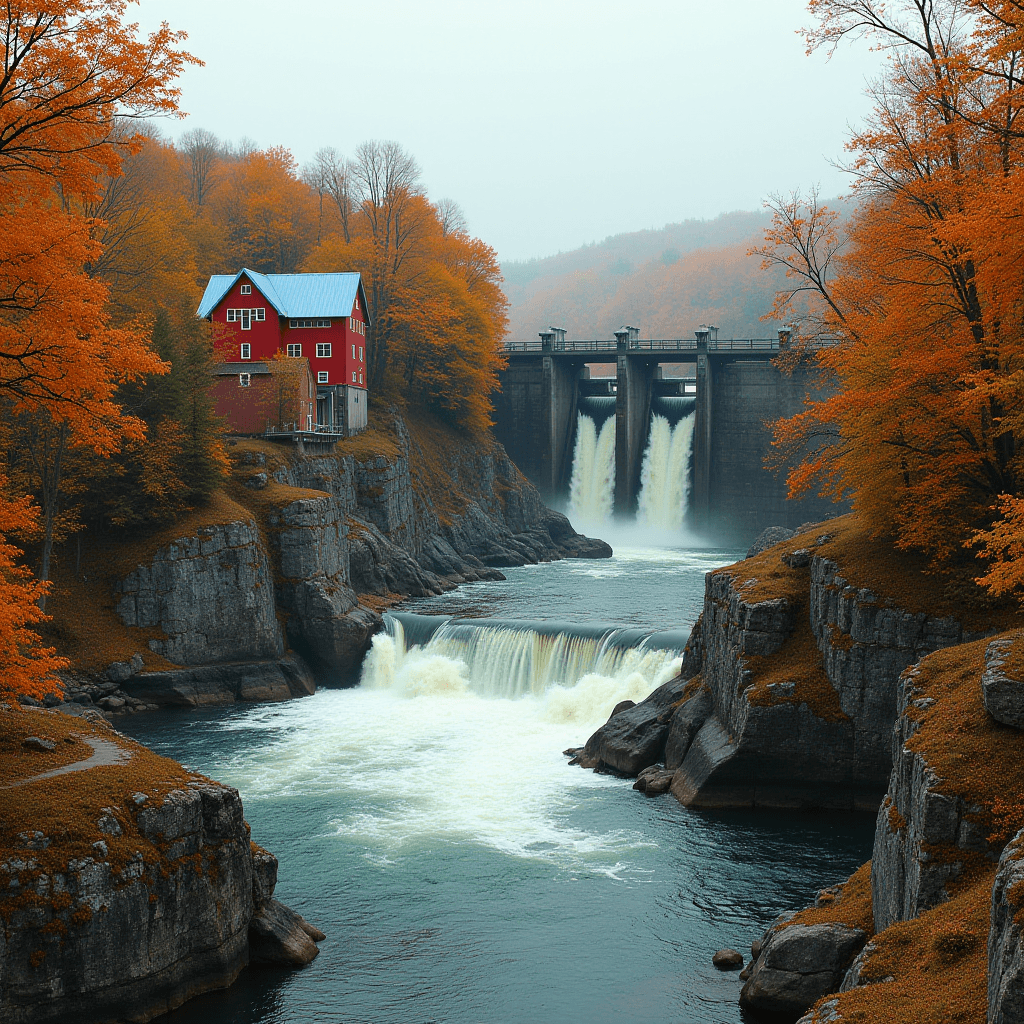 A red house sits near a waterfall surrounded by colorful autumn trees.