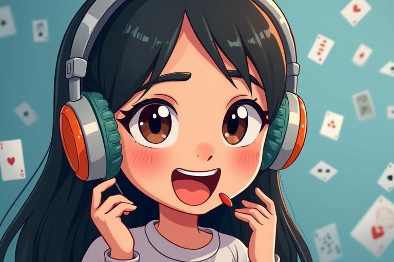 Support character wearing a headset. Cartoon style with overhead view. Exaggerated features and expressions. Includes deck and discard pile. Cards are marine-colored. Soft lighting adds texture. Mood conveys friendly competition.