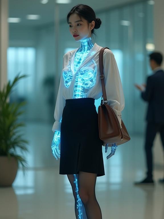 A full-body image depicts a mid-20s East Asian cyborg female spy. She wears a pearl-white V-neck wrap-around chiffon blouse and a black knee-length skirt. The holographic X-ray scan reveals a glowing cyan-blue mechanical structure. She has sleek black hair in a bun, slight smile, and wears sheer black pantyhose with low-block-heel shoes. A brown satchel rests on her shoulder. She stands casually in her agency.
