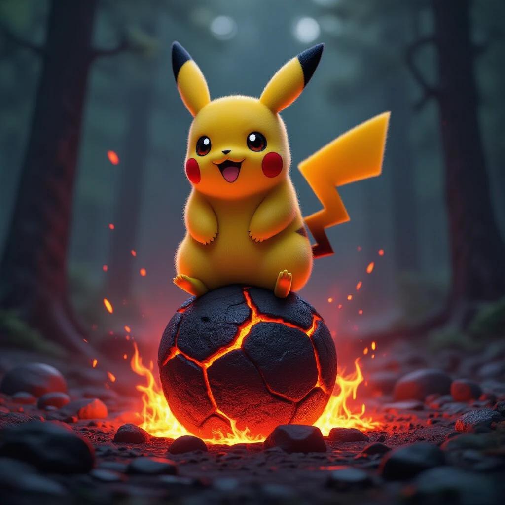 Pikachu sits joyfully on a lava ball. The background features a forest with soft lighting. Warm colors dominate the scene. Lava glows vividly under Pikachu.