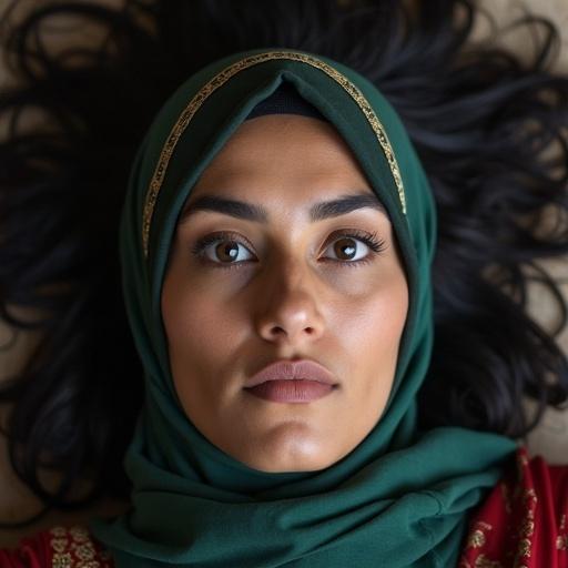 Muslim woman in a green headscarf laying on the floor. Serious expression with eyes open and mouth shut. Almond-shaped dark brown eyes, thick eyebrows. Dark skin and hair. Soft lighting and overhead perspective.