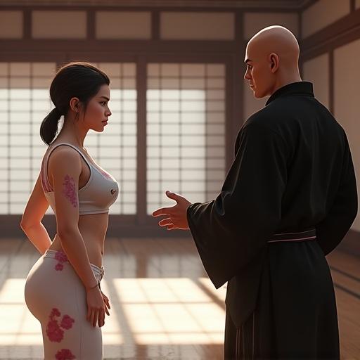 Characters engaged in acrobatic training in a virtual dojo scene inspired by the Matrix. Portrayal of a female taurine character in Shaolin monk attire fighting against a muscular male character in a dojo setting.