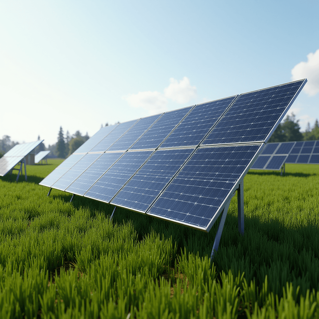 Rows of solar panels are installed in a lush green field under a clear blue sky.