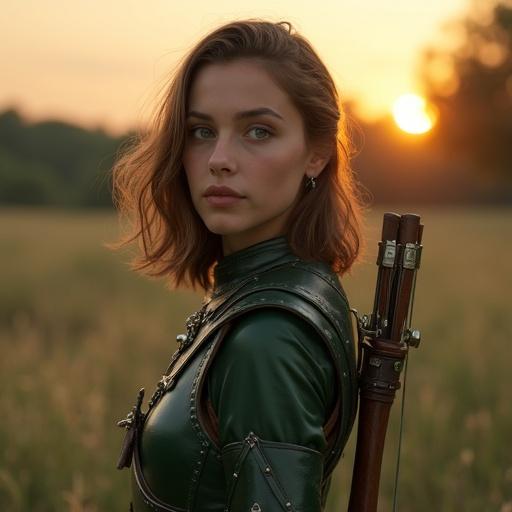 A female scout stands elegantly at a medieval fantasy training ground during dusk. She wears fitted dark green leather armor with silver accents and translucent fabric sleeves. Her medium-length chestnut hair has green highlights and frames her expressive face. A shortbow rests on her back, symbolizing her skills.