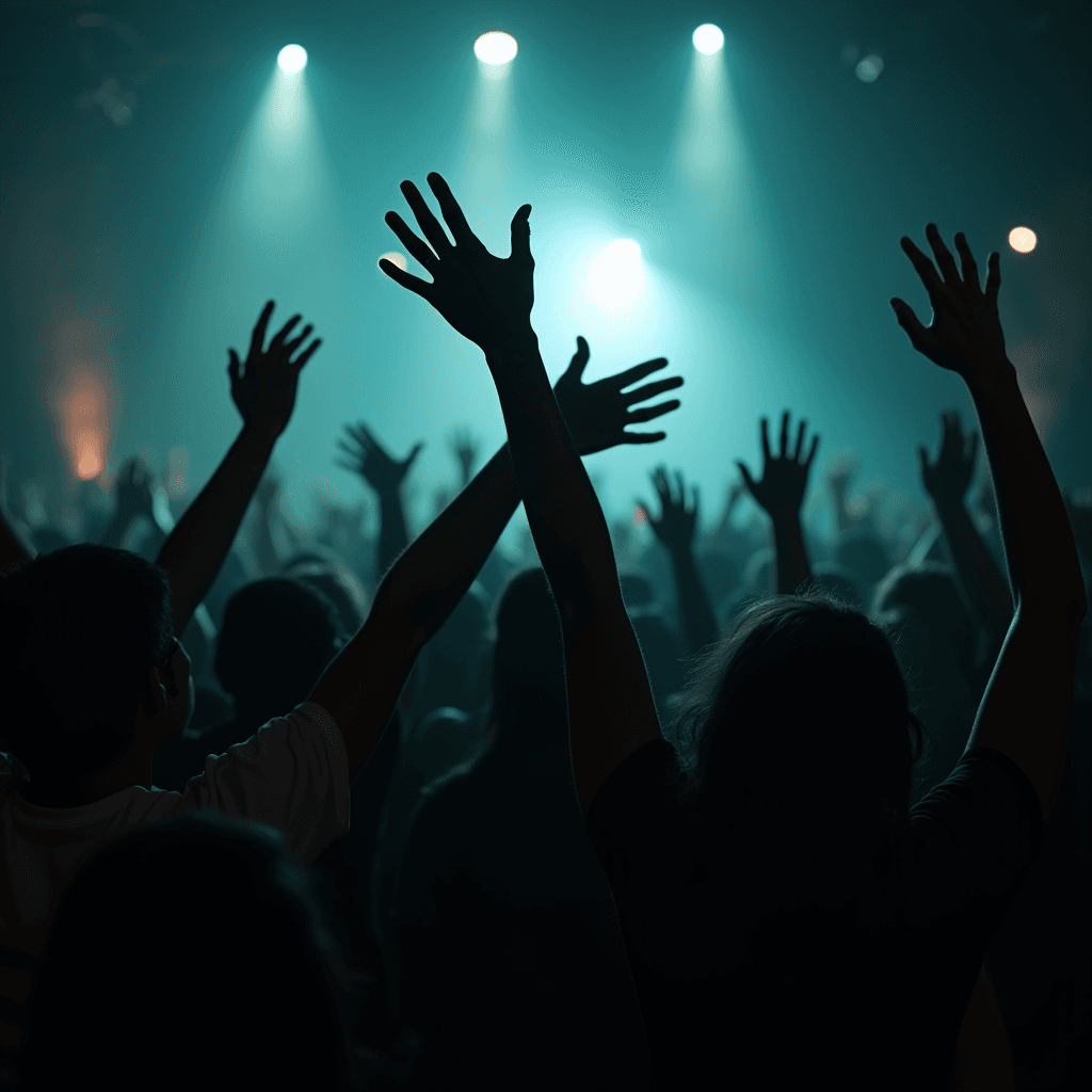 A crowd at a concert raising their hands in the air under bright lights.