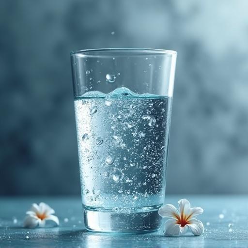A glass contains sparkling water with bubbles. Tropical flowers surround the glass. Soft lighting shines on the scene. The backdrop creates a calming effect.