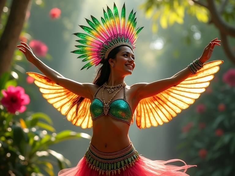 Female Maya dancer representing hummingbird. Bright iridescent feathered headdress and shimmering body paint in green, turquoise, pink. Energetic pose, arms mid-motion as if flying. Background features tropical Maya flowers with sunlight filtering through trees.