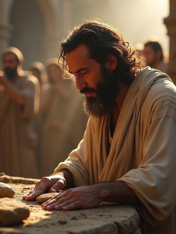 Medium shot depicting a calm prophet Elijah. He repairs a broken ancient altar with large heavy stones. His expression shows deep faith. A hostile crowd is blurred in the background. Soft divine light illuminates him. The style is photorealistic and painterly.