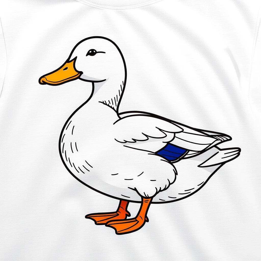 Minimalist design of a duck for a t-shirt. Duck is white and blends with the shirt. Duck has a bright orange beak. Thin black lines outline the duck. No background, only the outlines of the duck are visible.