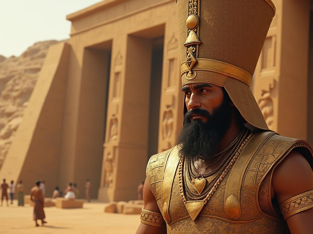 Pharaoh Ramses II stands confidently in front of the Abu Simbel temple. The character appears realistic with detailed attire. A temple with engraved hieroglyphs is in the background.
