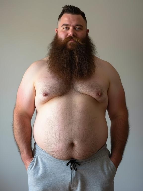 Portrait of a chubby hirsute bear-type man. He has a stocky but not muscular build. Short hair with a neat fade. Majestic long beard resembling a lion's mane. Shirtless torso with gray sweatpants. Relaxed limbs. Detailed mature features. Soft natural lighting. Minimalist neutral background. Beard and hairstyle emphasized.