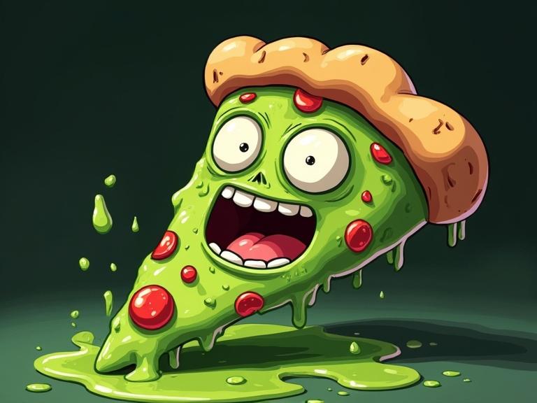 Evil anthropomorphic pizza slice with green pizza sauce. Character has an expressive face. Cel-shaded painterly 3D anime style.