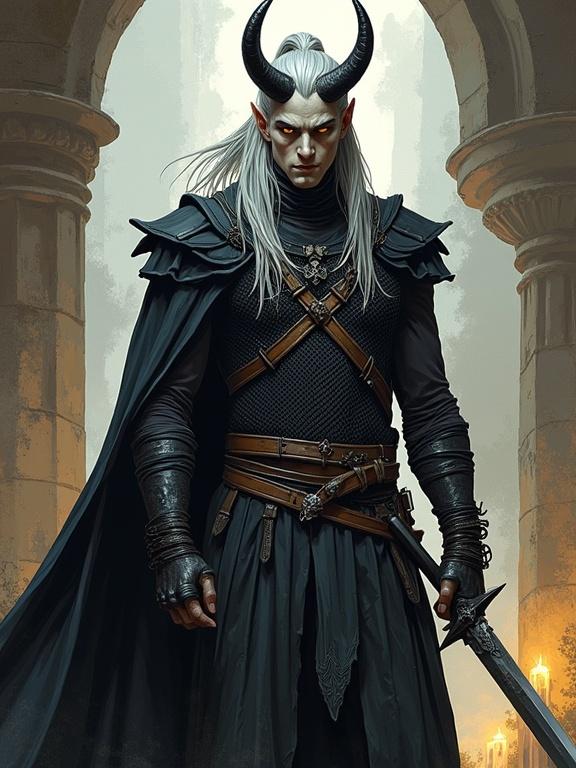 Comic book illustration of a tiefling character with ash-gray skin and amber eyes. Tall male with long silver hair and curved horns. Wears chainmail and has a sword and shield. Realistic art style with depth of field and warm lighting.