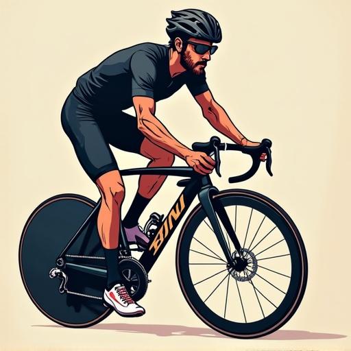 A fit man in black cycling gear rides a spinning bike. The bike is designed for performance. The background is simple to emphasize the cyclist. The focus is on his athletic build.