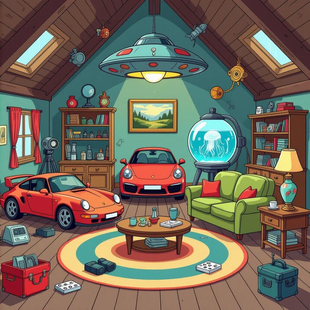 Illustrated room in animated style with 25 unique items including cars and gadgets. Cozy clutter and atmospheric details make it inviting and fun for discovery.