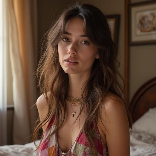 A female influencer in bohemian clothing. She has brown hair and brown eyes. The setting is a cozy gamer bedroom. The style is relaxed and natural.