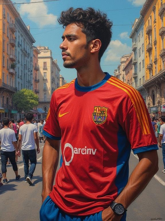 A young man wearing a red Barcelona jersey poses against a bustling city street. The background depicts a lively avenue filled with young people in white T-shirts. It captures an energetic atmosphere.