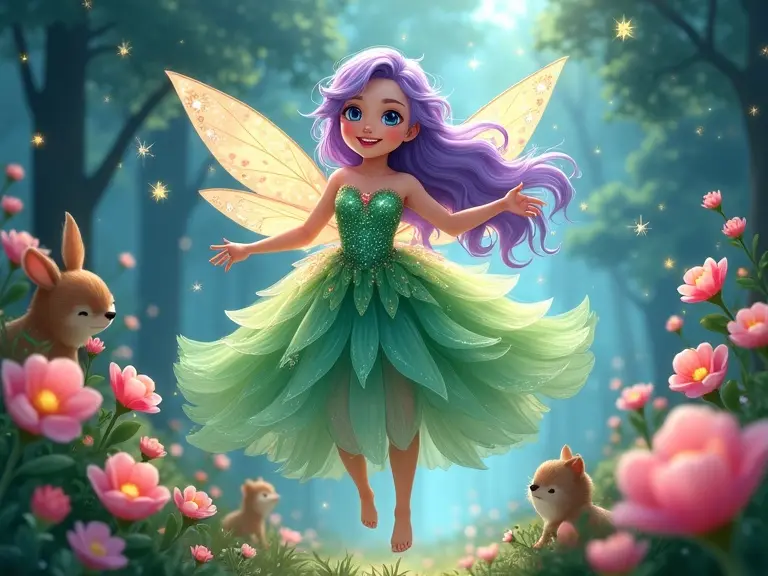 A whimsical anime fairy in a vibrant enchanted forest. Playful fairy with shimmering emerald wings and sparkling blue eyes. Radiant smile with a mischievous twinkle. Dressed in a gown made of petals, dancing among flowers. Long lavender hair flows gracefully. Magical creatures like glowing fireflies surround her. Enchanting atmosphere captures fairy tale essence. Rendered in high-definition quality, ideal for a whimsical storybook cover.