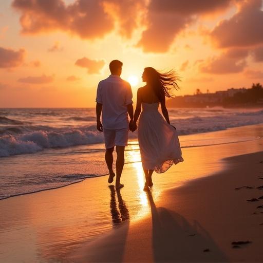 A couple walks on the beach at sunset. Footprints in the sand. Golden tide glistens. Fiery clouds create an orange and pink sky. Silhouettes of the couple outlined by backlight. Gentle breeze moves their skirts and hair. Romantic atmosphere with nature.