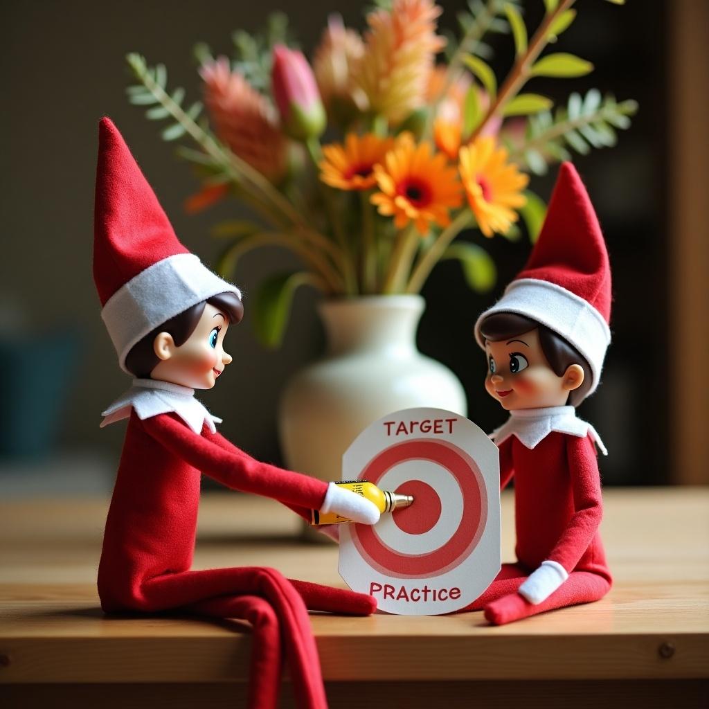 Elf on the shelf sitting with back to viewer. Elf holding mustard bottle. Elf aims mustard at another elf holding bullseye paper. Scene on wooden table with Australian flowers in background.