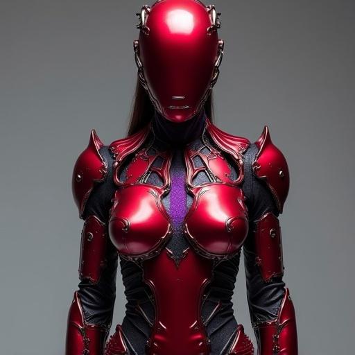 A female model in a full-body suit blends mechanical and organic elements. The suit is red metallic and matte black with a scorpion theme. The mask shows only the eyes and emits a purple sheen. The outfit includes shoes resembling traditional tabi.
