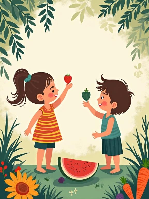 Illustration of two children holding fruits in hand. One child has a strawberry and the other has a green fruit. They are smiling with playful expressions. Surrounding them are summer fruits like watermelon and grapes. The background is filled with greenery and flowers.
