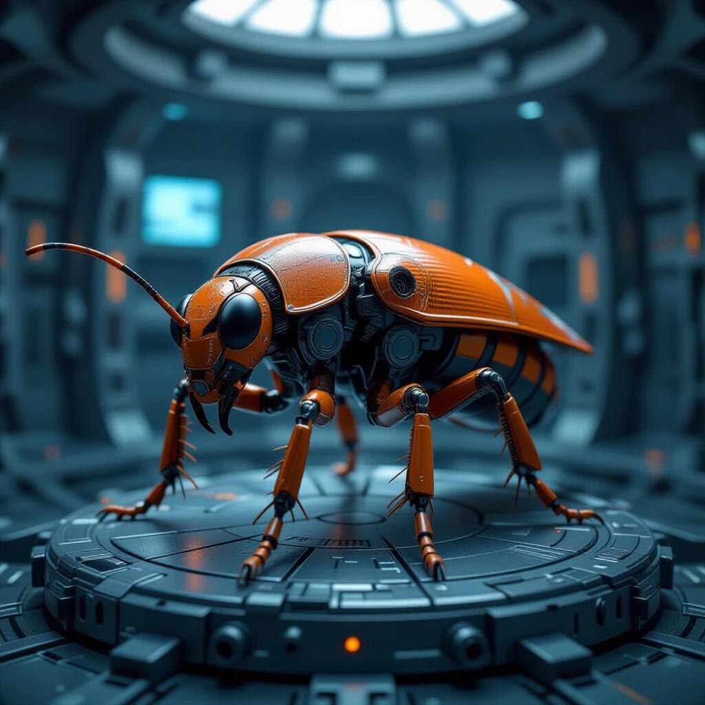 Futuristic mechanical insect design. Body made of metal and mechanical parts. Complex mechanical structures include gears, bearings, and pipes. Connected by orange and silver metallic lines. Background is a circular mechanical platform. Labels on parts enhance the tech feel. Cool color scheme predominates, silver and gray with orange parts. Unique aesthetic of future technology merging with nature.
