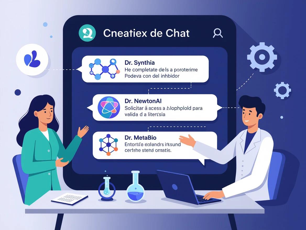 Chat interface resembling WhatsApp in dark mode. Three virtual scientists are discussing. Dr. Synthia mentions protein modeling and inhibitor design. Dr. NewtonAI requests AlphaFold access for structure validation. Dr. MetaBio shares articles supporting the hypothesis. The right side displays a 3D visualization of a protein in blue and green tones. The background represents a futuristic laboratory focusing on discovery and innovation.
