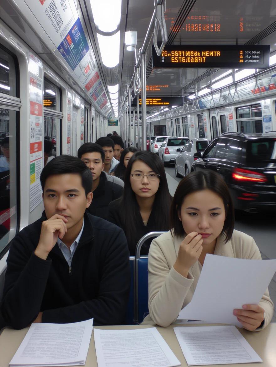 Group of commuters on a subway train. They are seated in a row. Three people in focus in the foreground. Others are partially visible behind. All facial expressions appear neutral. Some have papers in their hands. Environment shows subway interior with seats and handrails.